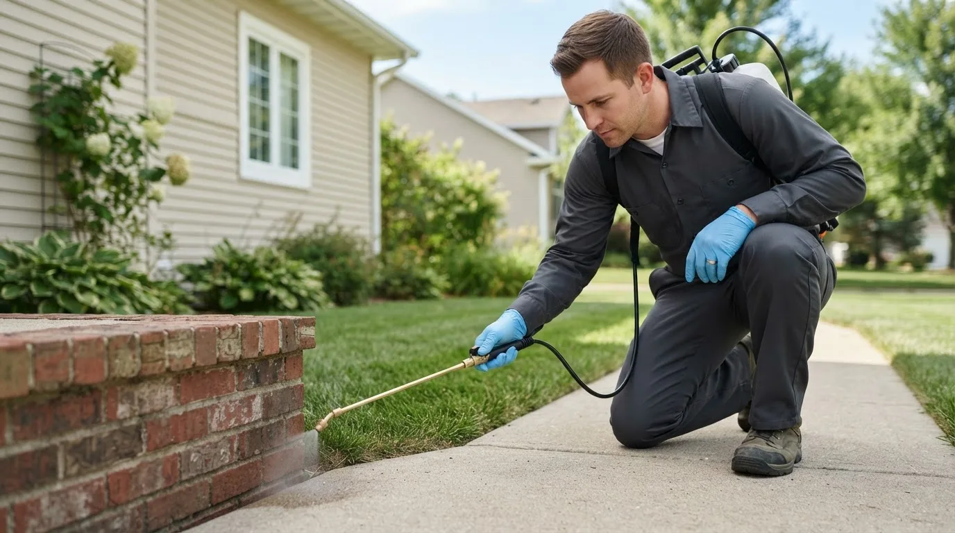 Pest control technician treating a home near Forman, ND