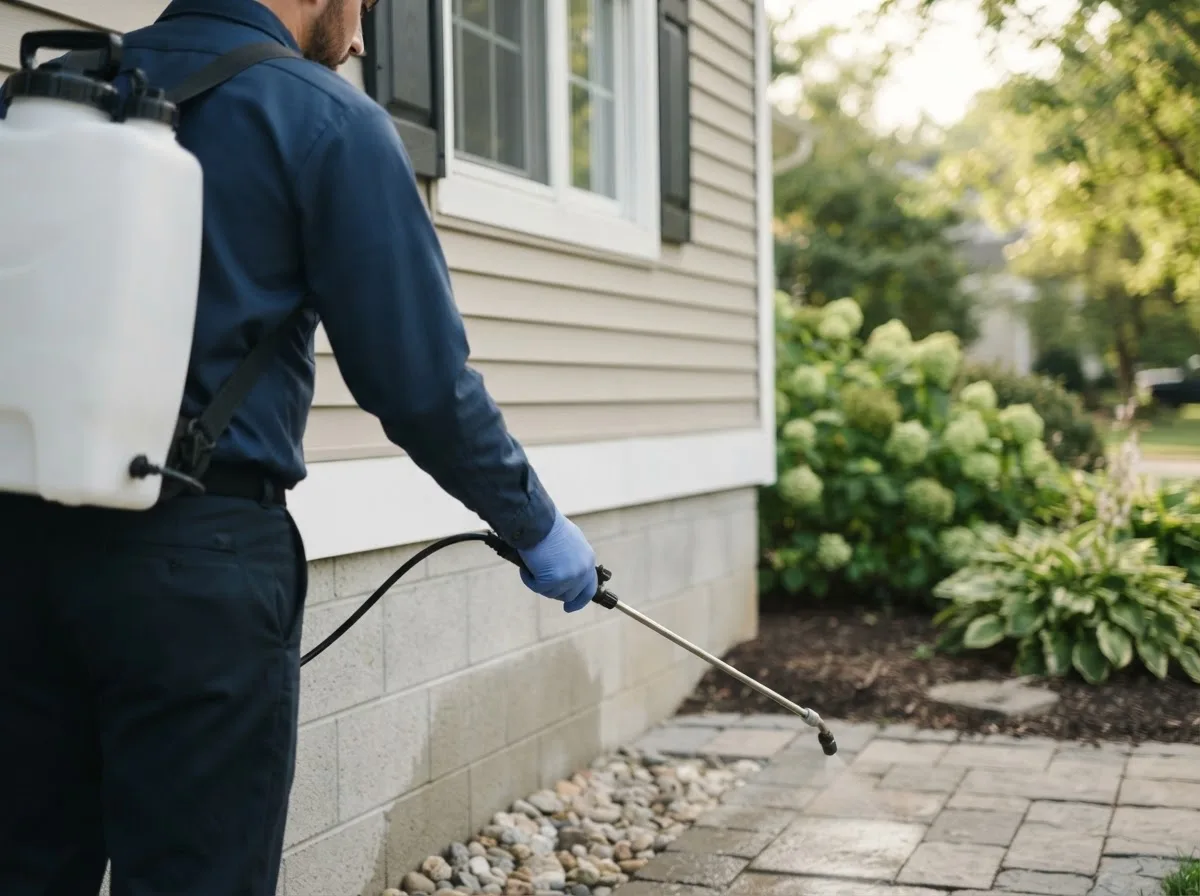 Pest control technician inspecting a home in Forman, ND